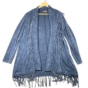 Cover Charge Women's Cardigan Duster Blue Acid Wash Fringe Kimono XL
